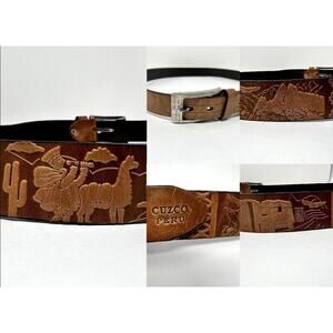 Vintage Grunts Peru Leather Belt Cuzco Tooled Carved Llama Western 40/100